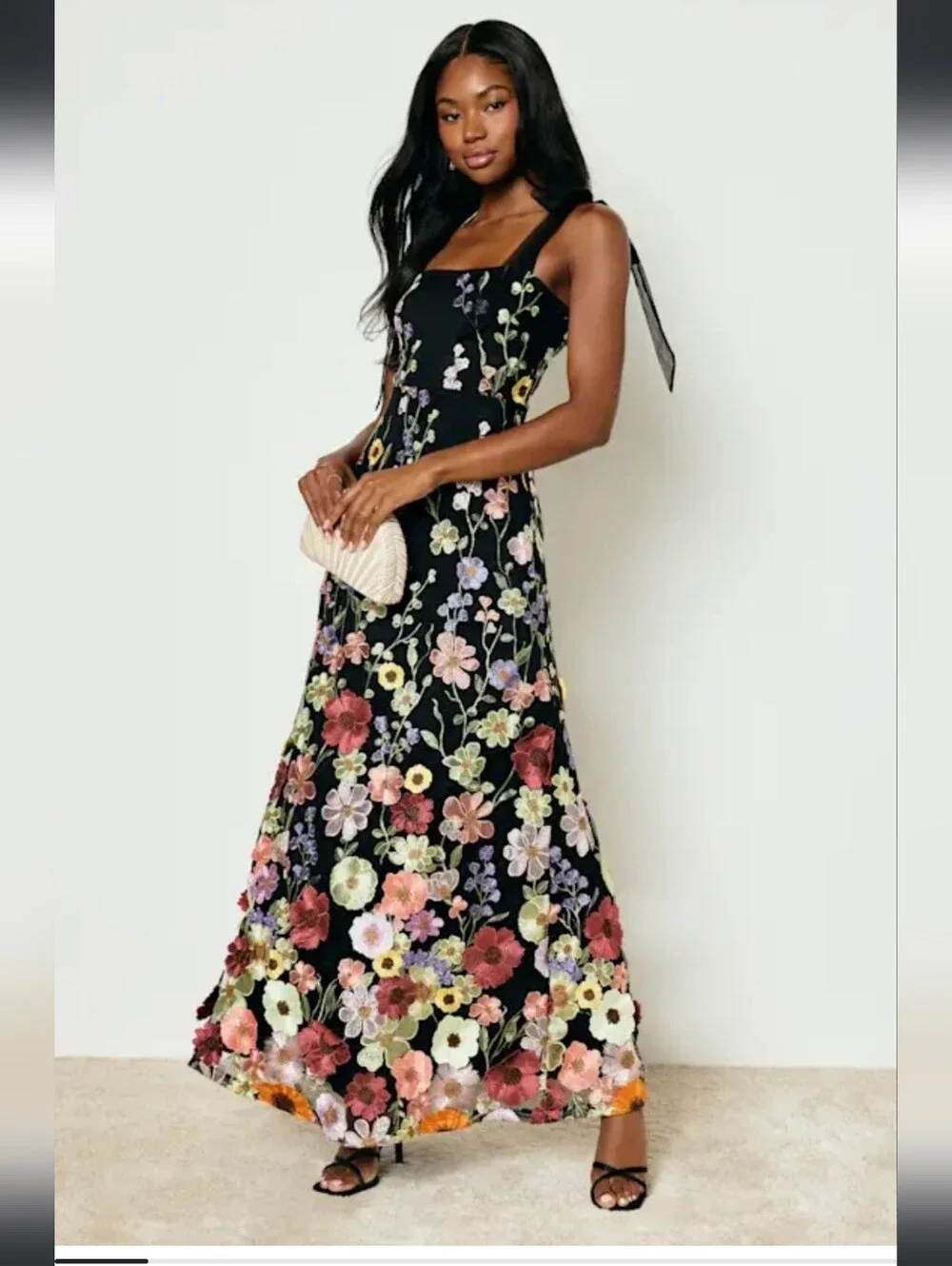 Lulus Thriving Poise Black 3D Floral Embroidered Tie-Strap Maxi Dress - Picture 3 of 16